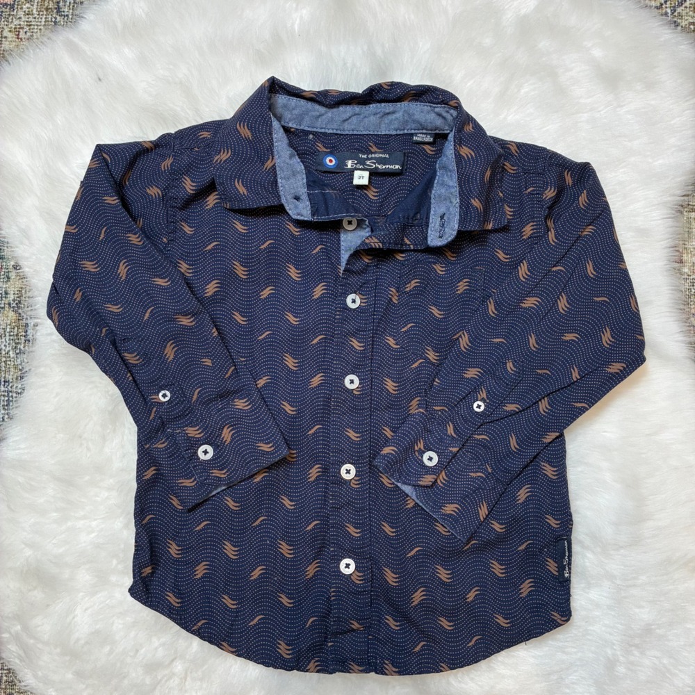 Ben Sherman Boys Navy Blue Patterned Button Down Shirt Long Sleeve Size 2T dress